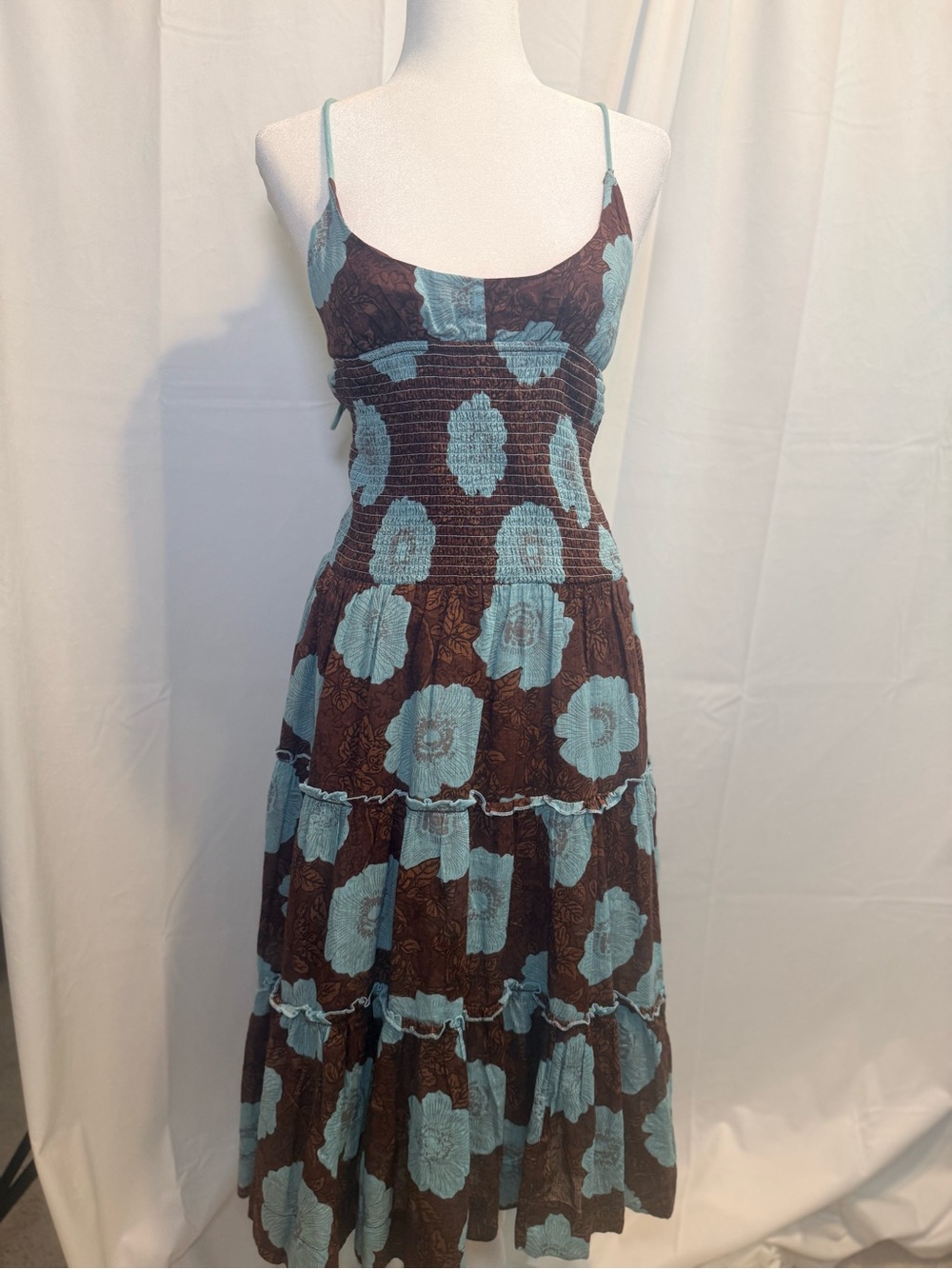 NWT Free People Adriel size Small Blue Floral Brown Tiered Spaghetti-Strap Dress